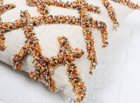 Set Of 3 Hand Tufted Texture Boho Ivory Mustard Yellow Fringe Cushion Cover