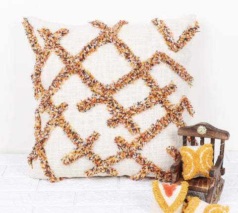 Set Of 3 Hand Tufted Texture Boho Ivory Mustard Yellow Fringe Cushion Cover