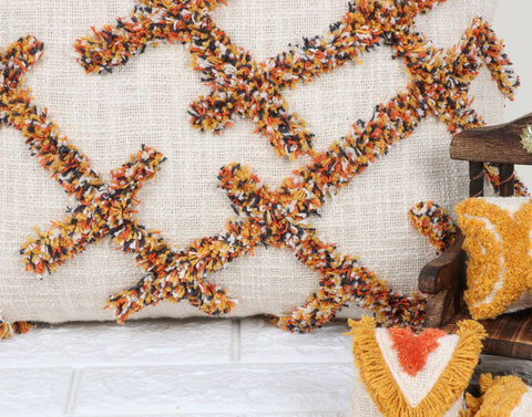 Set Of 3 Hand Tufted Texture Boho Ivory Mustard Yellow Fringe Cushion Cover