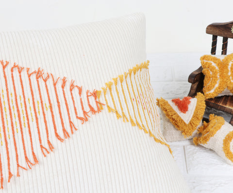 Tufted Texture Boho Ivory and Yellow Stripe Fringe Cushion Cover