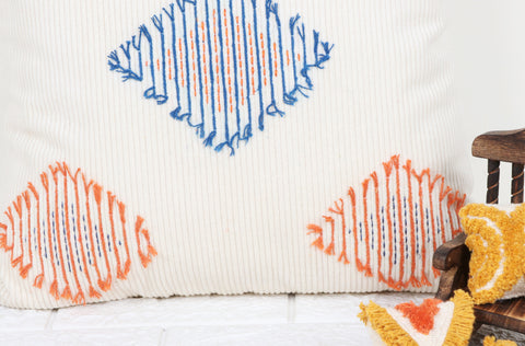 Set Of 3 Tufted Texture Boho Ivory Blue Stripe Fringe Cushion Cover
