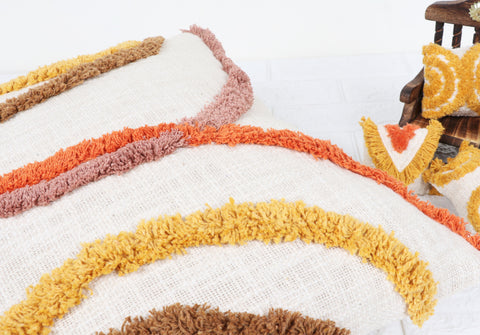 Tufted Texture Boho Ivory and Brown Stripe Fringe Cushion Cover