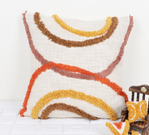 Set Of 2 Tufted Texture Boho Ivory Brown Stripe Fringe Cushion Cover