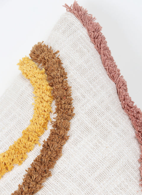 Tufted Texture Boho Ivory and Brown Stripe Fringe Cushion Cover