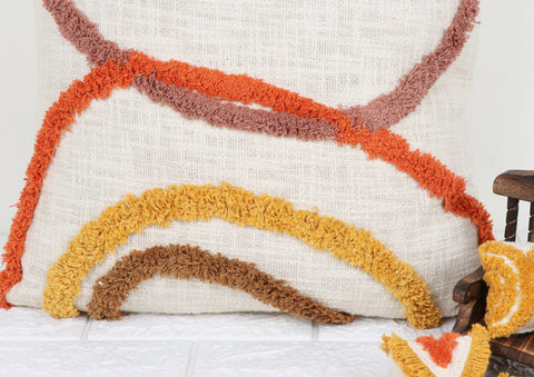 Tufted Texture Boho Ivory and Brown Stripe Fringe Cushion Cover