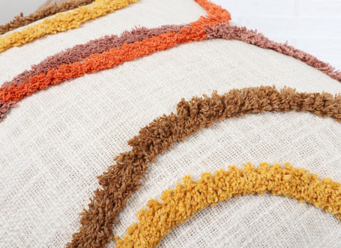 Tufted Texture Boho Ivory and Brown Stripe Fringe Cushion Cover