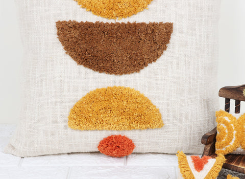 Tufted Texture Boho Ivory and Brown Fringe Cushion Cover