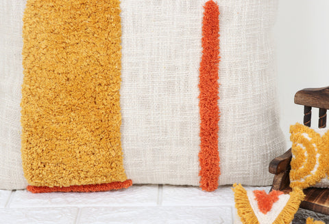 Tufted Texture Boho Ivory and Brown Fringe Cushion Cover
