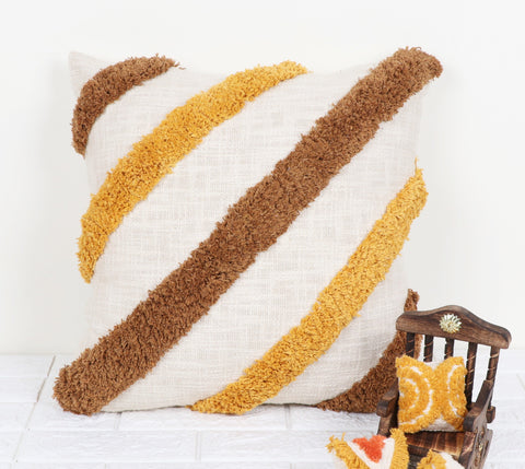 Set Of 2 Tufted Texture Boho Ivory Brown Fringe Cushion Cover