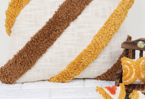 Tufted Texture Boho Ivory and Brown Fringe Cushion Cover