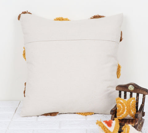 Tufted Texture Boho Ivory and Brown Fringe Cushion Cover