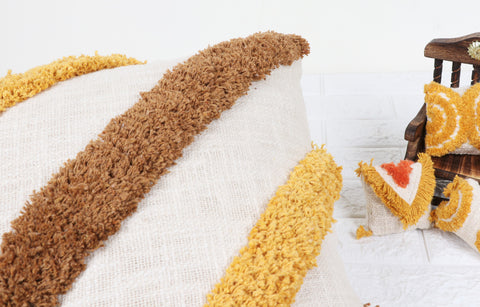Tufted Texture Boho Ivory and Brown Fringe Cushion Cover