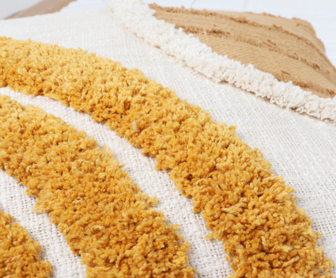 Set Of 3 Tufted Texture Boho Ivory Mustard Yellow Fringe Cushion Cover