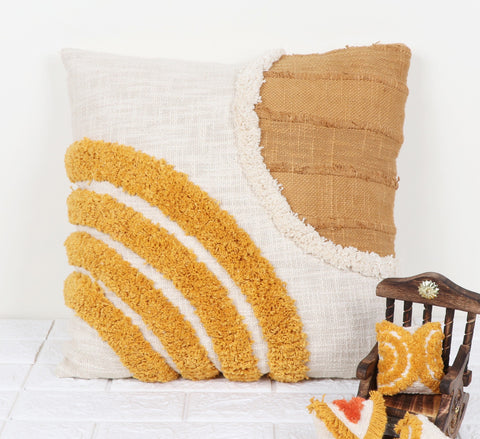 Set Of 3 Tufted Texture Boho Ivory Mustard Yellow Fringe Cushion Cover