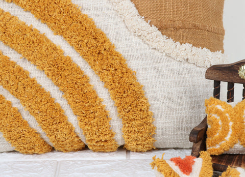 Set Of 3 Tufted Texture Boho Ivory Mustard Yellow Fringe Cushion Cover