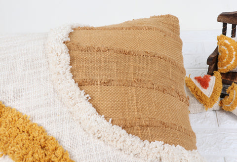 Set Of 3 Tufted Texture Boho Ivory Mustard Yellow Fringe Cushion Cover