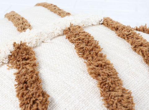 Set Of 2 Hand Tufted Texture Boho Ivory Brown Fringe Cushion Cover