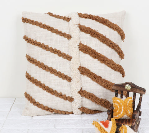 Set Of 2 Hand Tufted Texture Boho Ivory Brown Fringe Cushion Cover