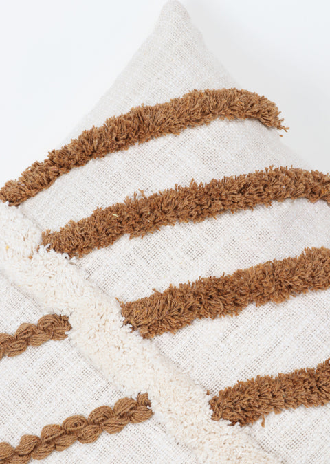 Hand Tufted Texture Boho Ivory and Brown Fringe Cushion Cover