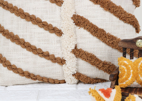 Set Of 2 Hand Tufted Texture Boho Ivory Brown Fringe Cushion Cover