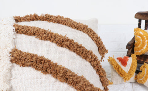 Set Of 2 Hand Tufted Texture Boho Ivory Brown Fringe Cushion Cover