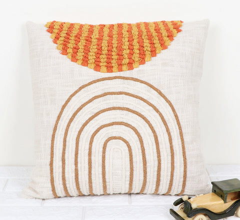 Hand Tufted Texture Boho Ivory and Yellow Fringe Cushion Cover