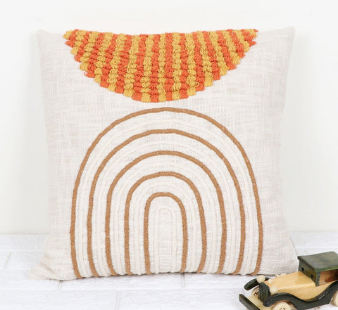 Set Of 2 Hand Tufted Texture Boho Ivory Yellow Fringe Cushion Cover