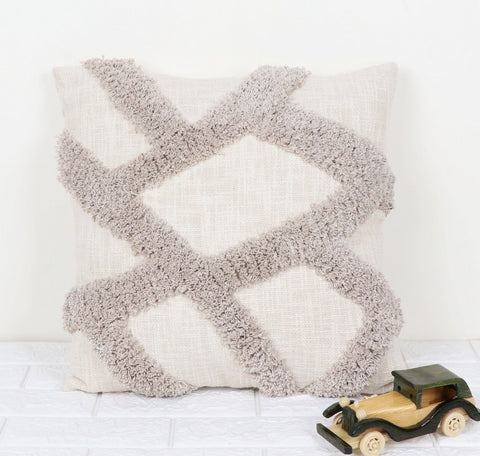 Set Of 2 Tufted Texture Boho Ivory Gray Fringe Cushion Cover