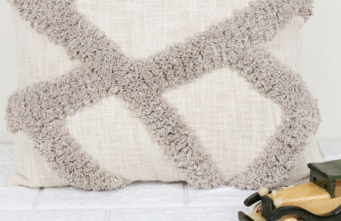 Set Of 2 Tufted Texture Boho Ivory Gray Fringe Cushion Cover