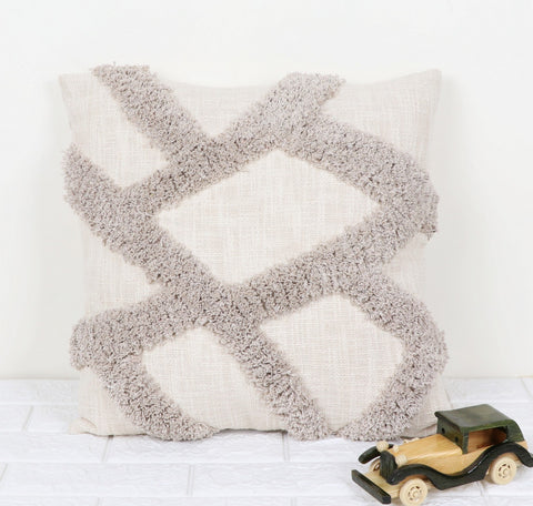Tufted Texture Boho Ivory and Gray Fringe Cushion Cover