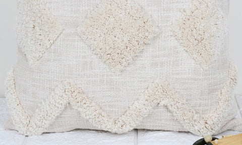 Set Of 3 Tufted Texture Boho Ivory Off-White Fringe Cushion Cover