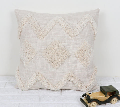 Set Of 2 Tufted Texture Boho Ivory Off-White Fringe Cushion Cover