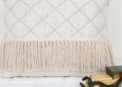 Set Of 2 Tufted Texture Boho Ivory Off-White Fringe Cushion Cover