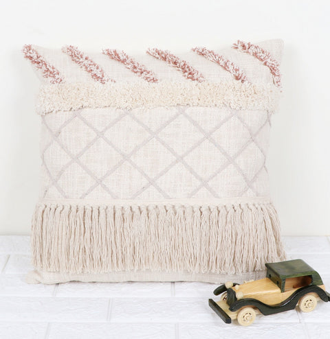 Tufted Texture Boho Ivory and Off-White Fringe Cushion Cover