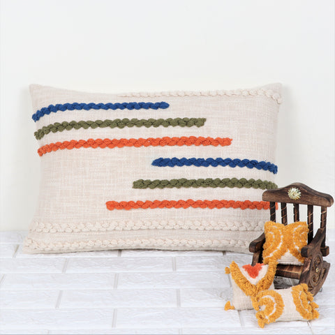 Hand Tufted Texture Boho Ivory and Orange Fringe Cushion Cover