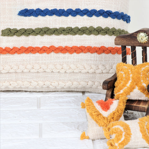 Hand Tufted Texture Boho Ivory and Orange Fringe Cushion Cover