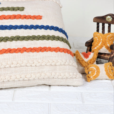 Hand Tufted Texture Boho Ivory and Orange Fringe Cushion Cover
