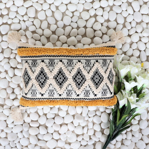 Hand Tufted Texture Boho Ivory and Black Jaquard Cushion Cover