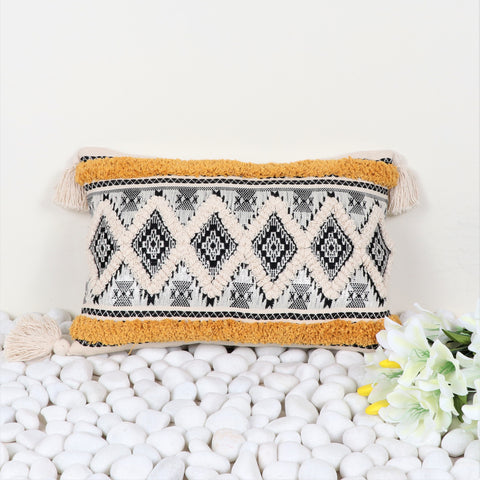Hand Tufted Texture Boho Ivory and Black Jaquard Cushion Cover