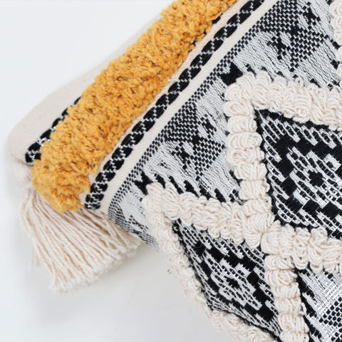 Hand Tufted Texture Boho Ivory and Black Jaquard Cushion Cover