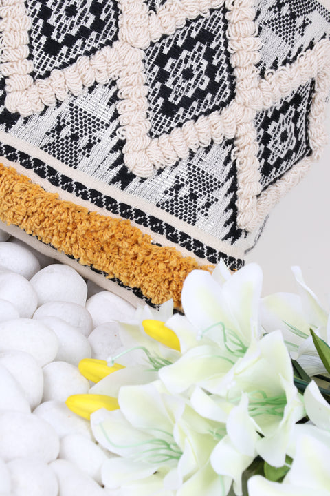 Hand Tufted Texture Boho Ivory and Black Jaquard Cushion Cover