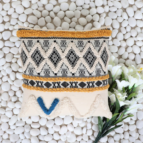 Hand Tufted Texture Boho Ivory and Black Jaquard Cushion Cover