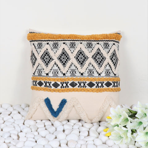 Hand Tufted Texture Boho Ivory and Black Jaquard Cushion Cover