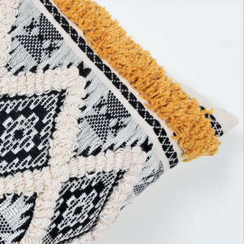 Hand Tufted Texture Boho Ivory and Black Jaquard Cushion Cover