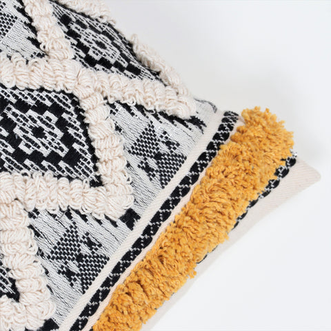 Hand Tufted Texture Boho Ivory and Black Jaquard Cushion Cover