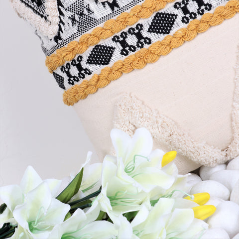 Hand Tufted Texture Boho Ivory and Black Jaquard Cushion Cover
