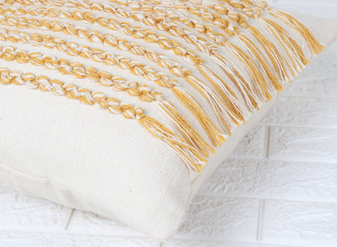 Set Of 3 Tufted Texture Boho Ivory Yellow Fringe Cushion Cover