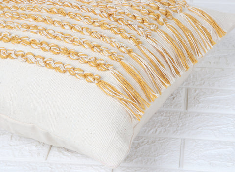 Tufted Texture Boho Ivory and Yellow Fringe Cushion Cover