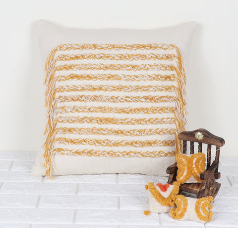 Tufted Texture Boho Ivory and Yellow Fringe Cushion Cover