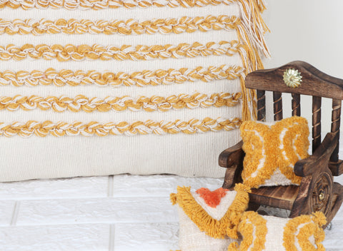 Set Of 3 Tufted Texture Boho Ivory Yellow Fringe Cushion Cover